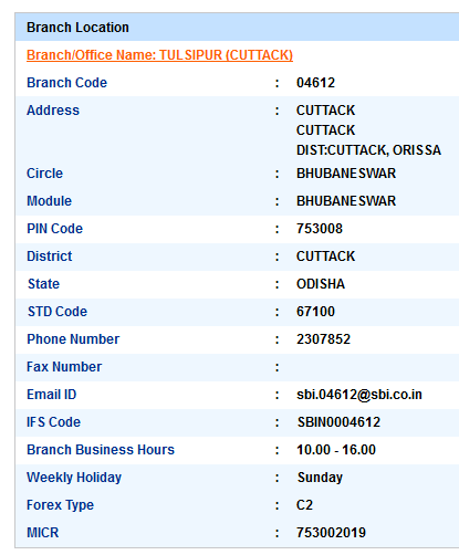 IFSC Code of SBI Tulsipur Cuttack