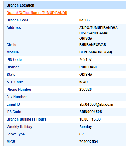 Tumudibandh sbi swift code ifsc code micr code branch address contact number address