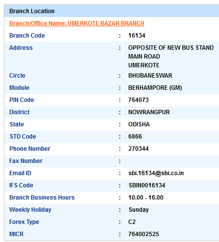 Umerkote Bazar Branch sbiifsc code