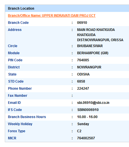 IFSC Code of SBI Upper Indravati Dam Proj Ect