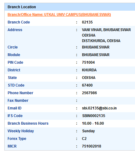 IFSC Code of SBI Utkal Univ Campus Bhubaneswar