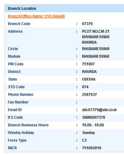 IFSC Code of SBI Vss Nagar