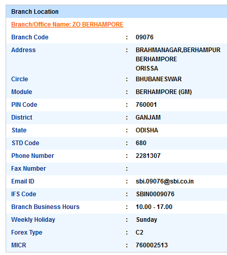 ZO Berhampore Sbi IFS Code