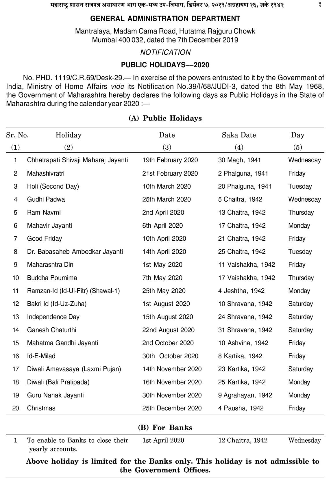 maharashtra government holidays 2020 PDF SEG