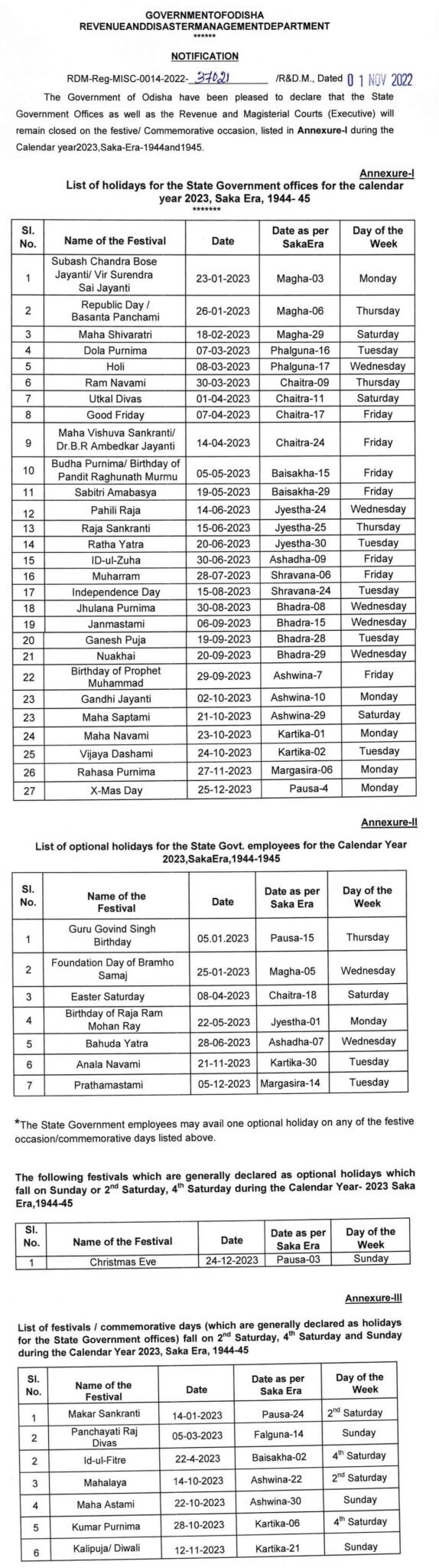Odisha State Government Offices Calendar 2023 Pdf