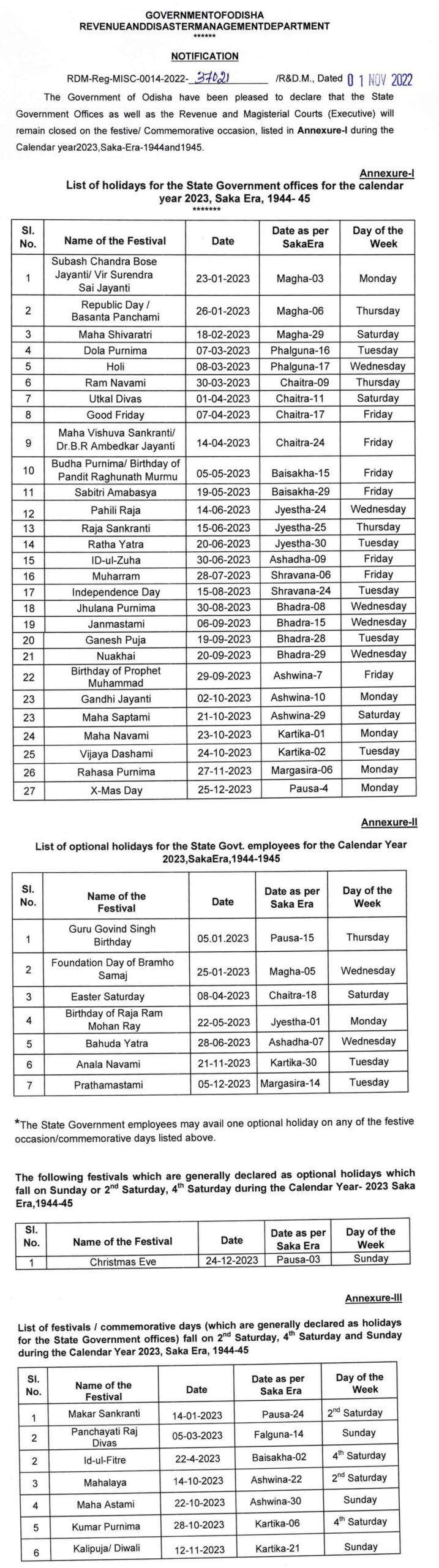 Odisha Govt Calendar 2023 | SEG