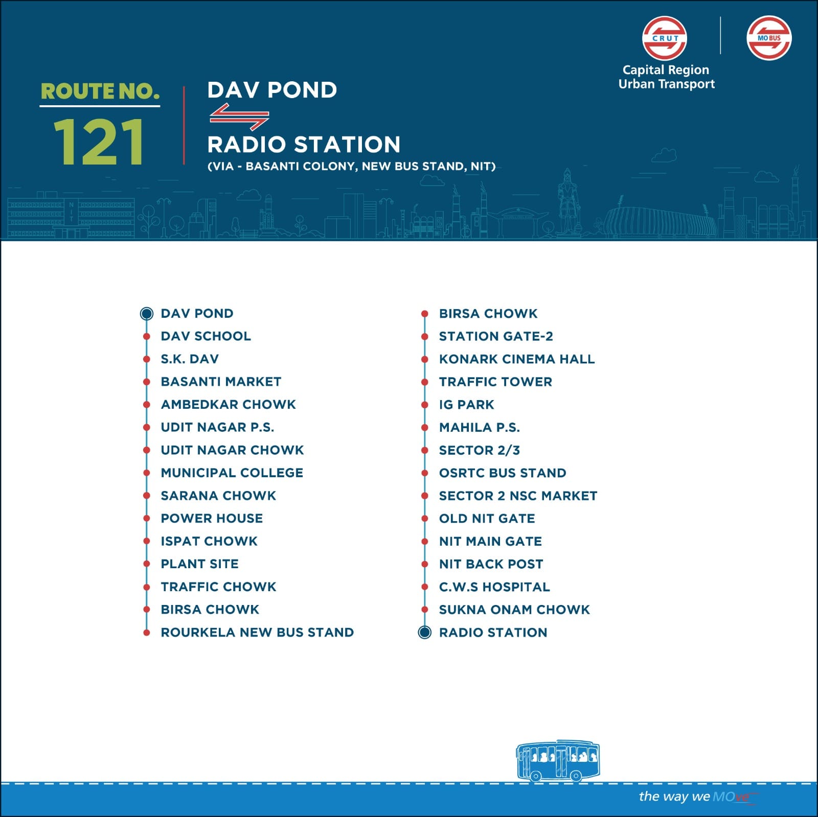 Route No.121 DAV Pond To Radio Station Timetable