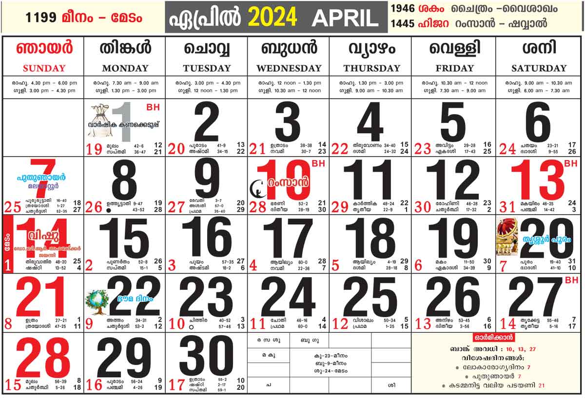 "Malayalam Calendar 2024 April"