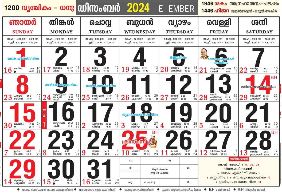 Malayalam Calendar 2024 December