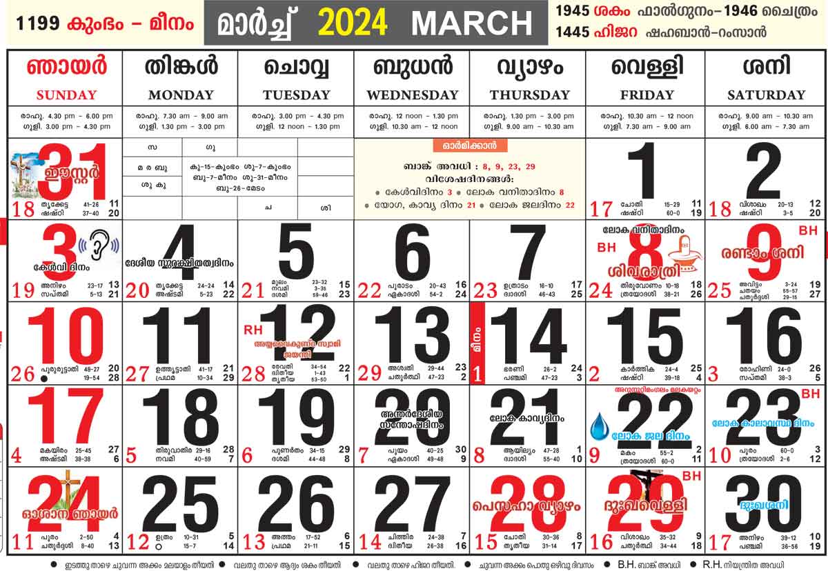 Malayalam Calendar 2024 March