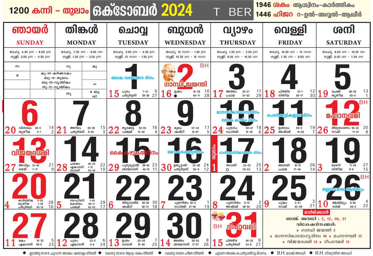 Malayalam Calendar 2024 October