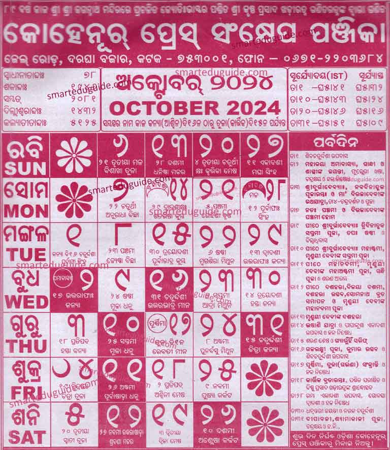 Kohinoor Calendar 2024 October