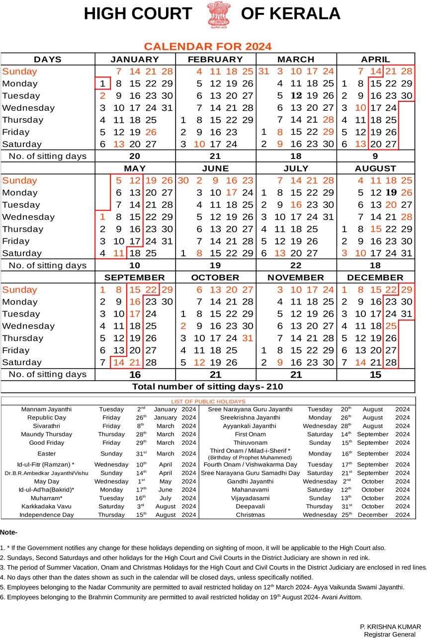 "Kerala High Court Calendar 2024 PDF"