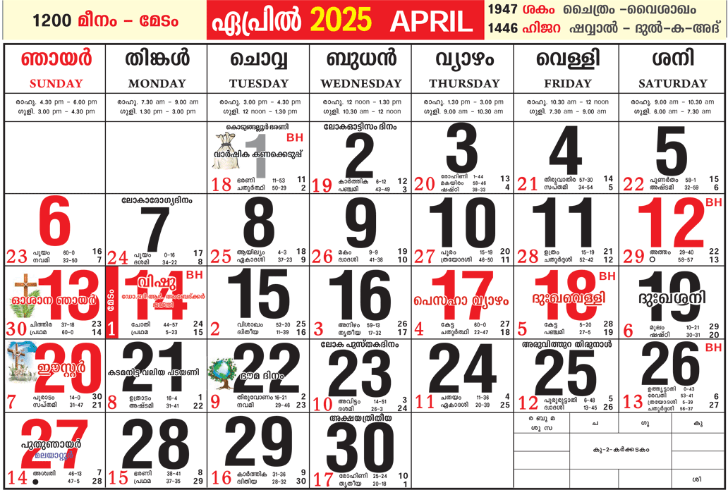 Malayalam Calendar 2025 April