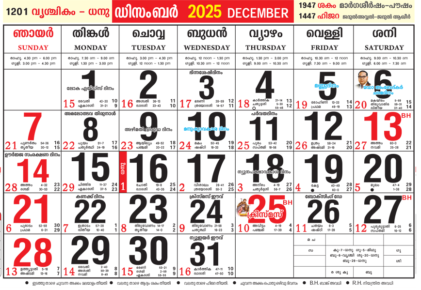 Malayalam Calendar 2025 December