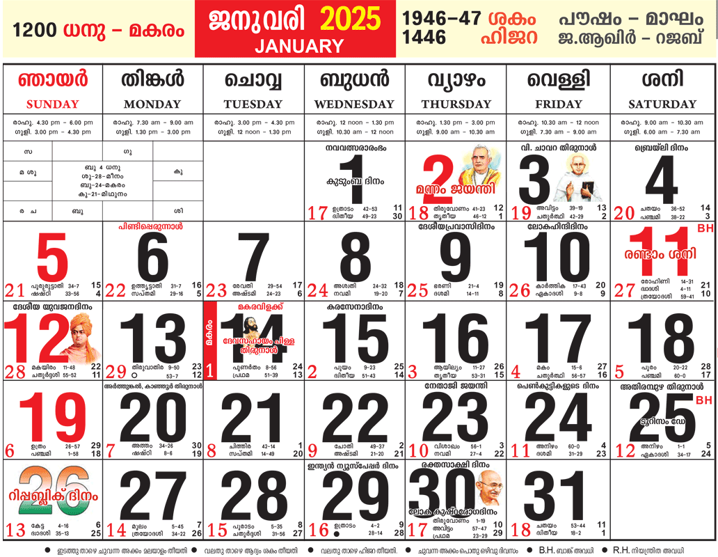 Malayalam Calendar 2025 January