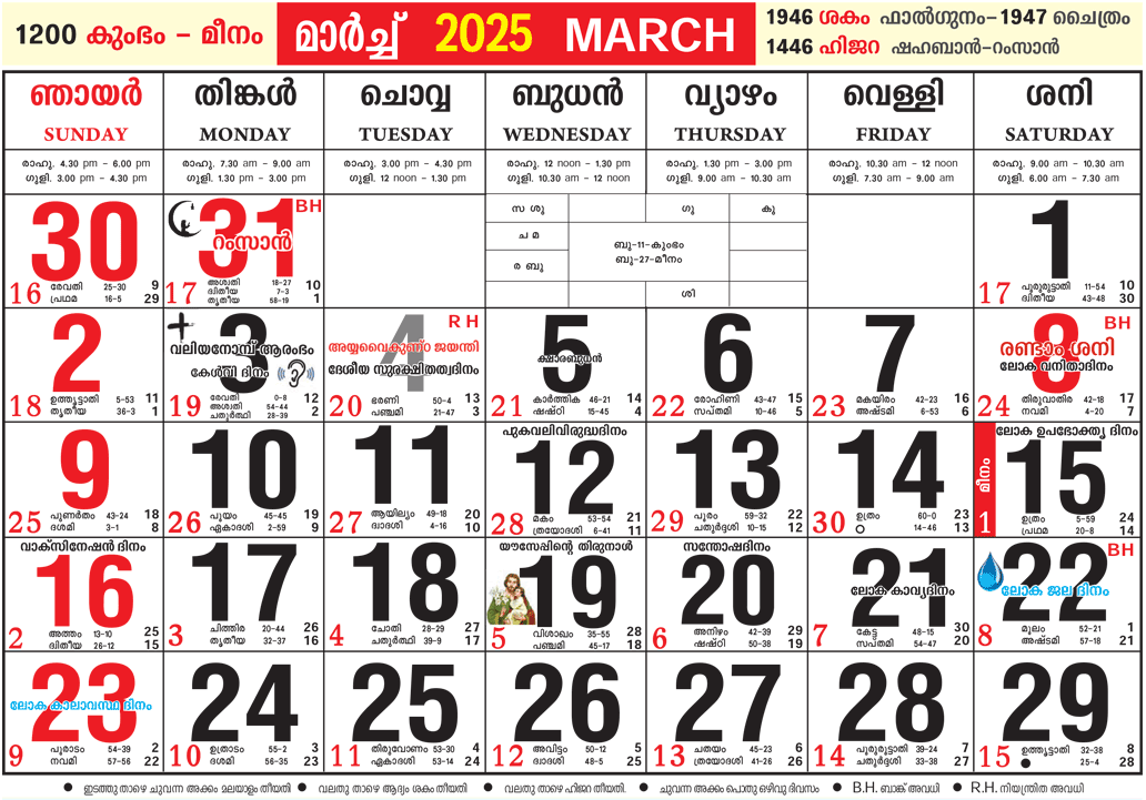 Malayalam Calendar 2025 March