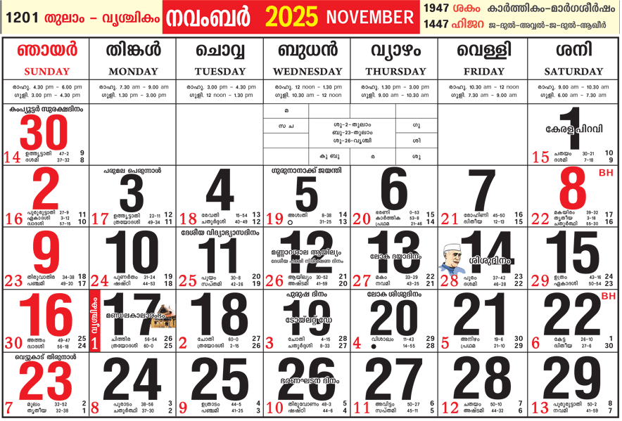 Malayalam Calendar 2025 November