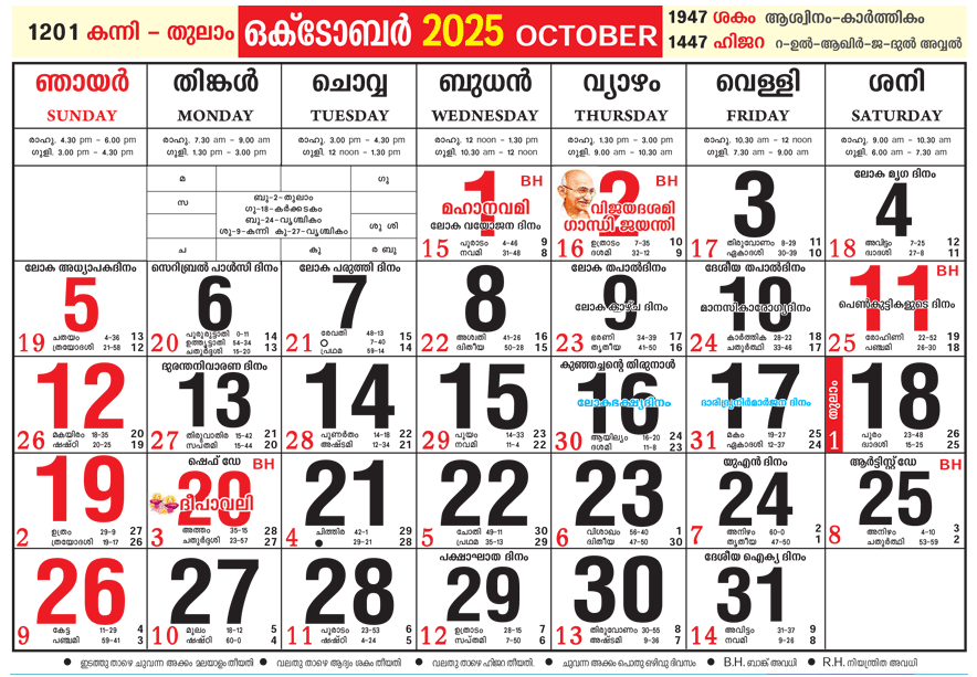 Malayalam Calendar 2025 October