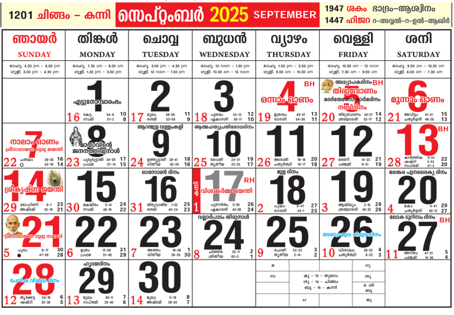 Malayalam Calendar 2025 September