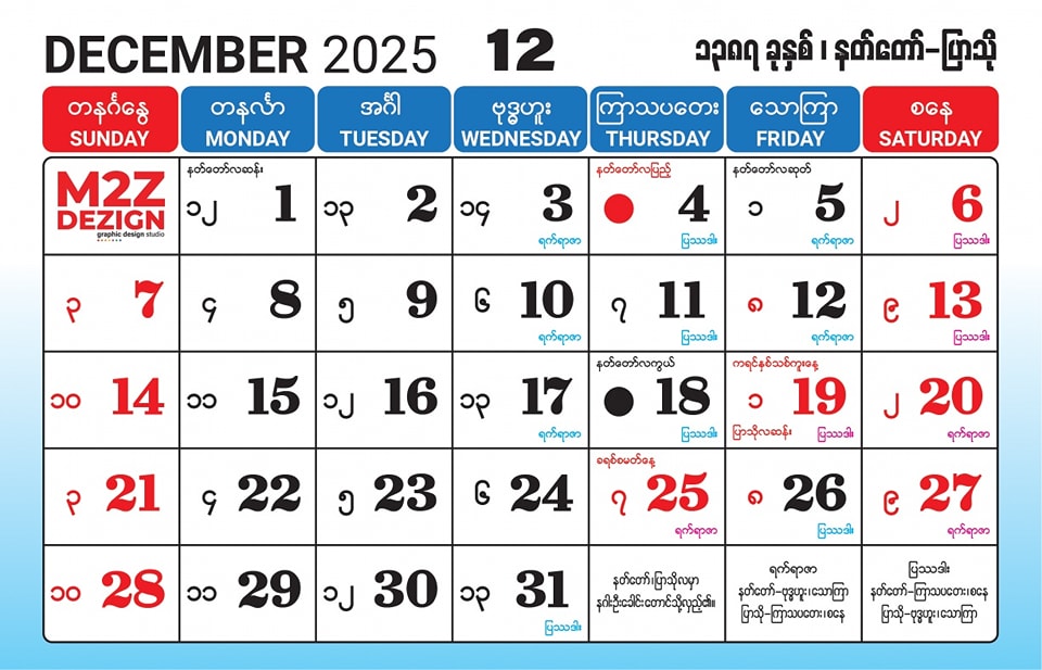 Myanmar Calendar 2025 December