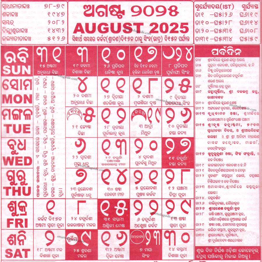 Odia Calendar 2025 August