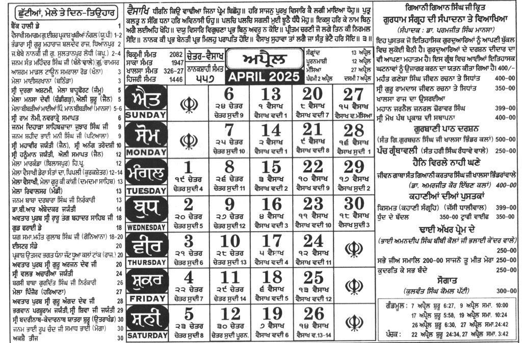 Nanakshahi Calendar 2025 April