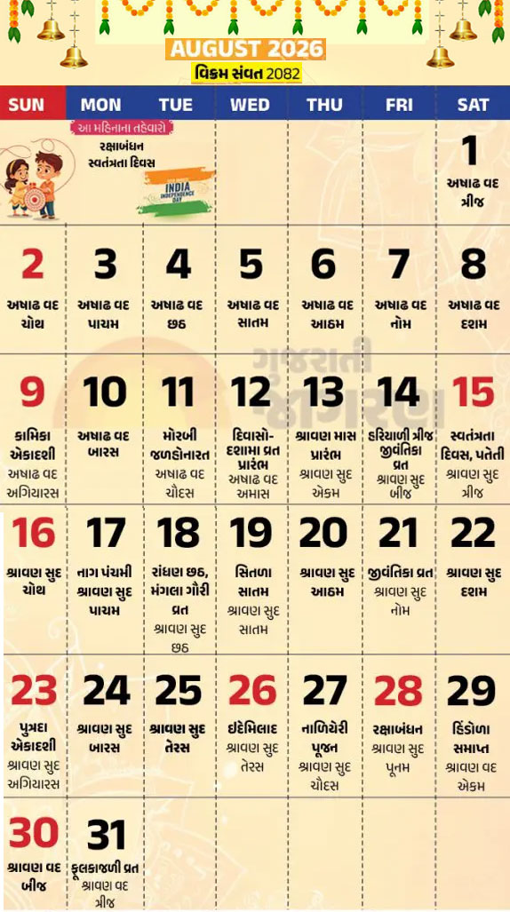 Gujarati Calendar 2026 August