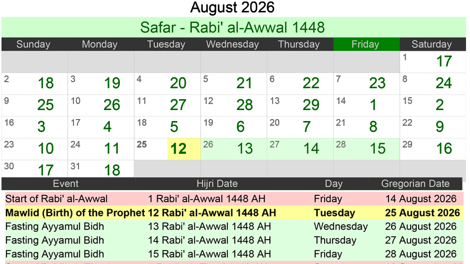 Islamic Calendar 2026 August
