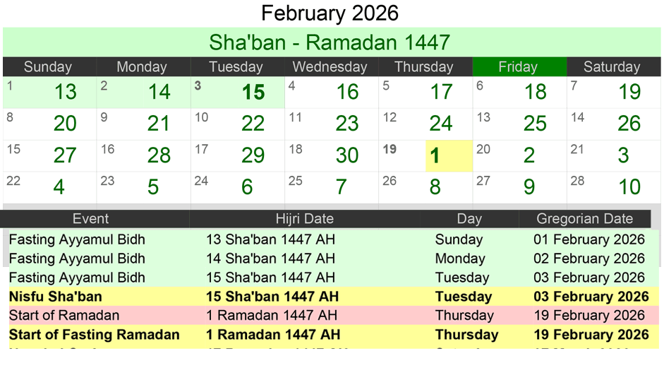 Islamic Calendar 2026 February