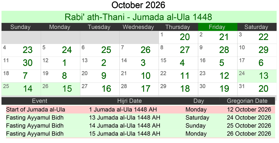 Islamic Calendar 2026 October