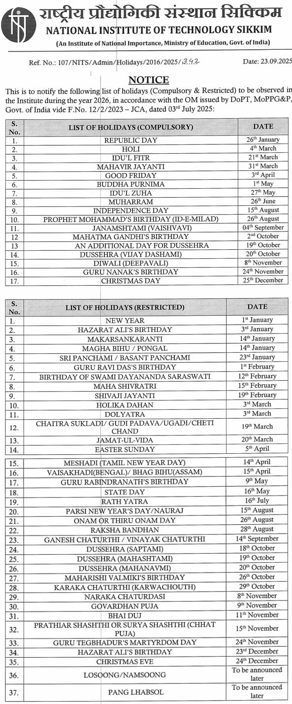 NIT-Sikkim-Holiday-list-2026