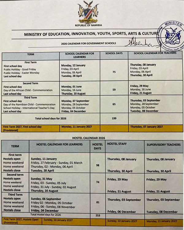 Namibia School Holidays 2026