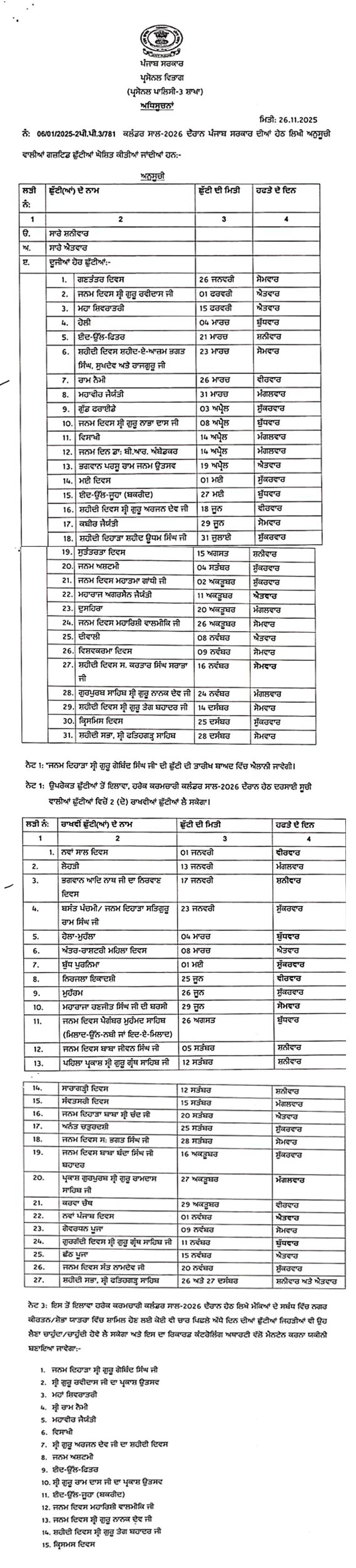 Punjab Govt Holidays 2026 PDF download in Punjabi