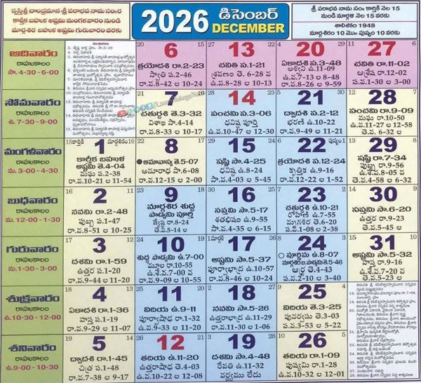 Telugu Calendar December 2026