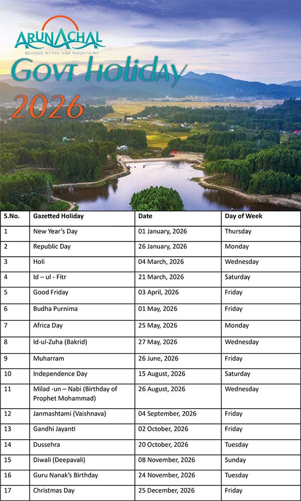 Arunachal Pradesh Govt Holiday list 2026