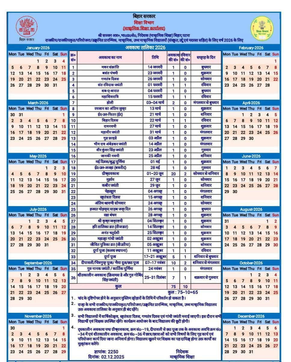 Bihar teacher's Holiday calendar 2026