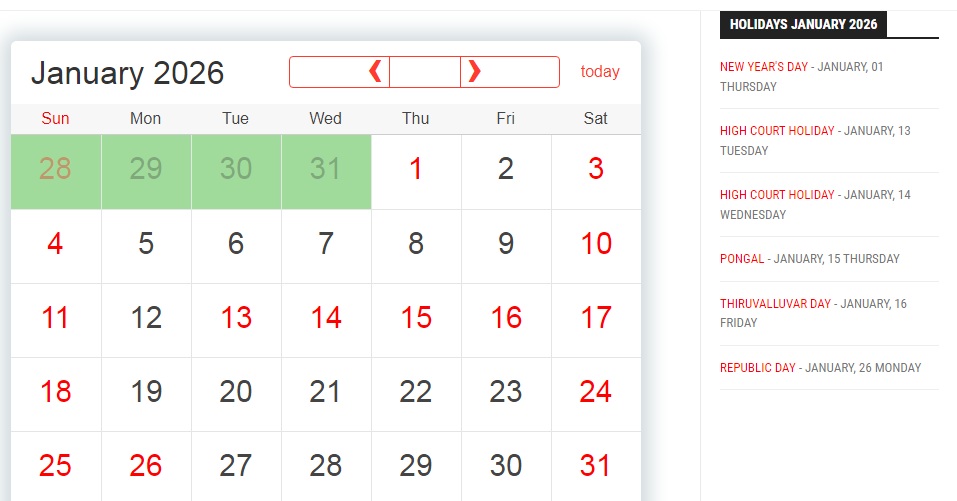 Madras High Court Calendar 2026