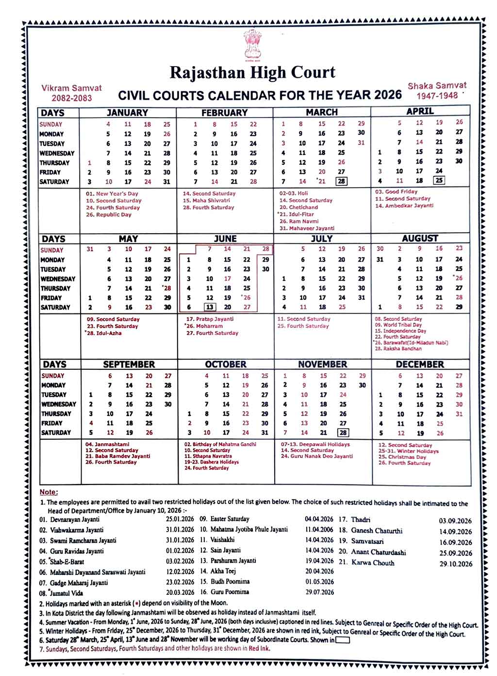 High Court Calendar 2026 Rajasthan