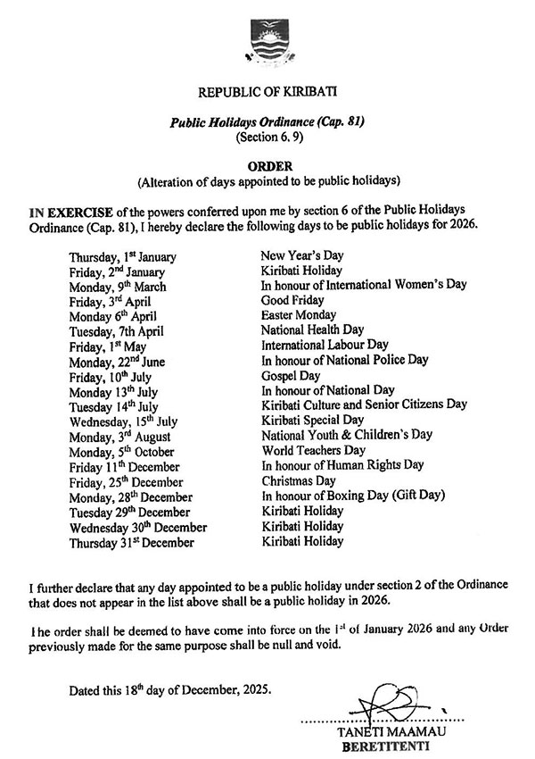 Kiribati Public Holidays 2026