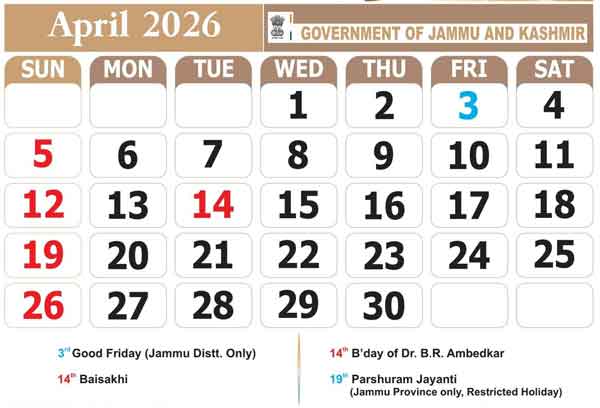 J&K Govt of Holidays for 2026 April