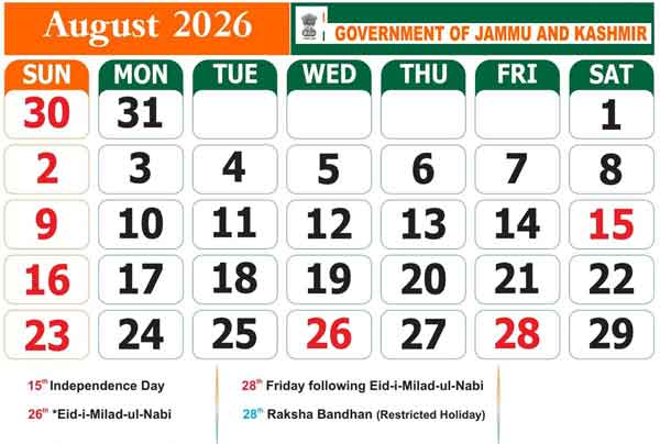 J&K Govt of Holidays for 2026 August