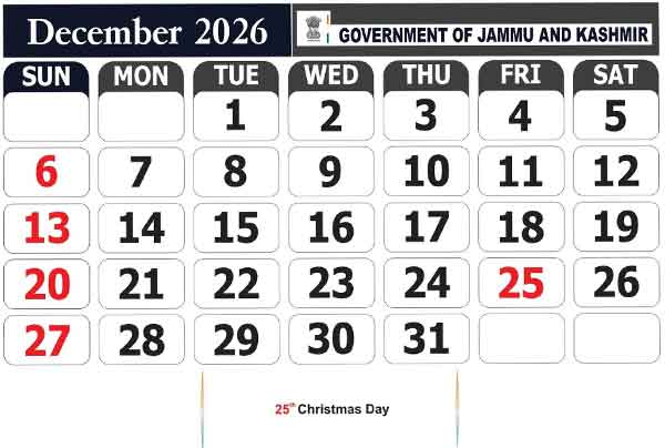 J&K Govt of Holidays for 2026 December