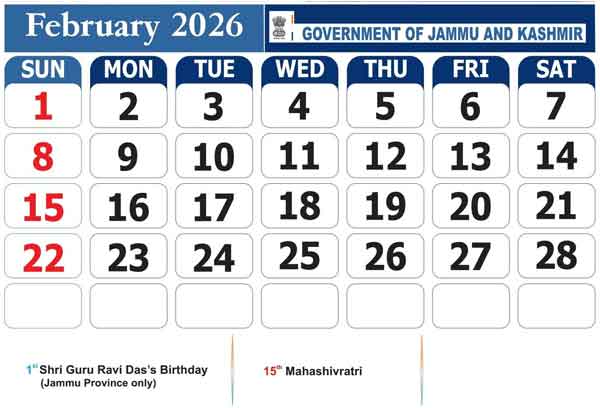 J&K Govt of Holidays for 2026 February