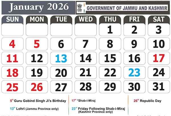 J&K Govt of Holidays for 2026 January