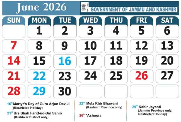 J&K Govt of Holidays for 2026 June