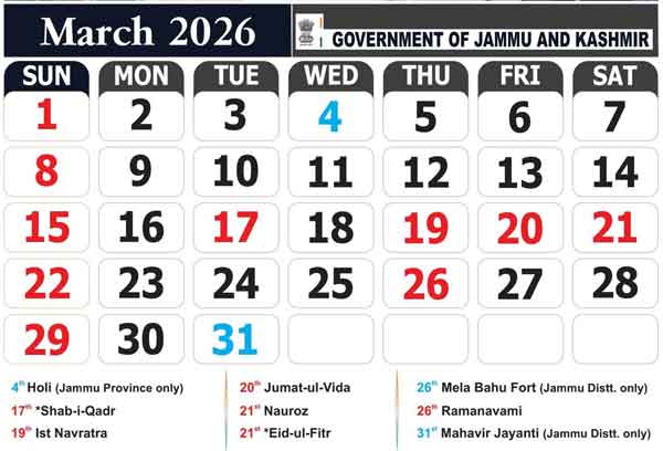 J&K Govt of Holidays for 2026 March