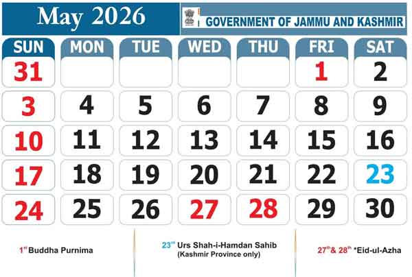 J&K Govt of Holidays for 2026 May