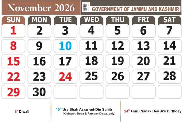 J&K Govt of Holidays for 2026 November