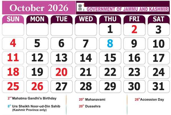 J&K Govt of Holidays for 2026 October